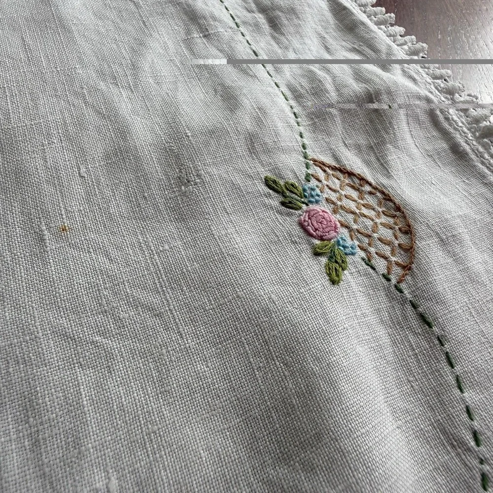 Vtg Embroidered Crochet Dresser Scarf Table Runner Flower Basket 39